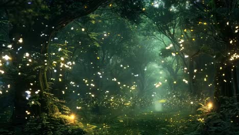 enchanted forest scene with glowing fireflies, captured from a low-angle, creating a magical