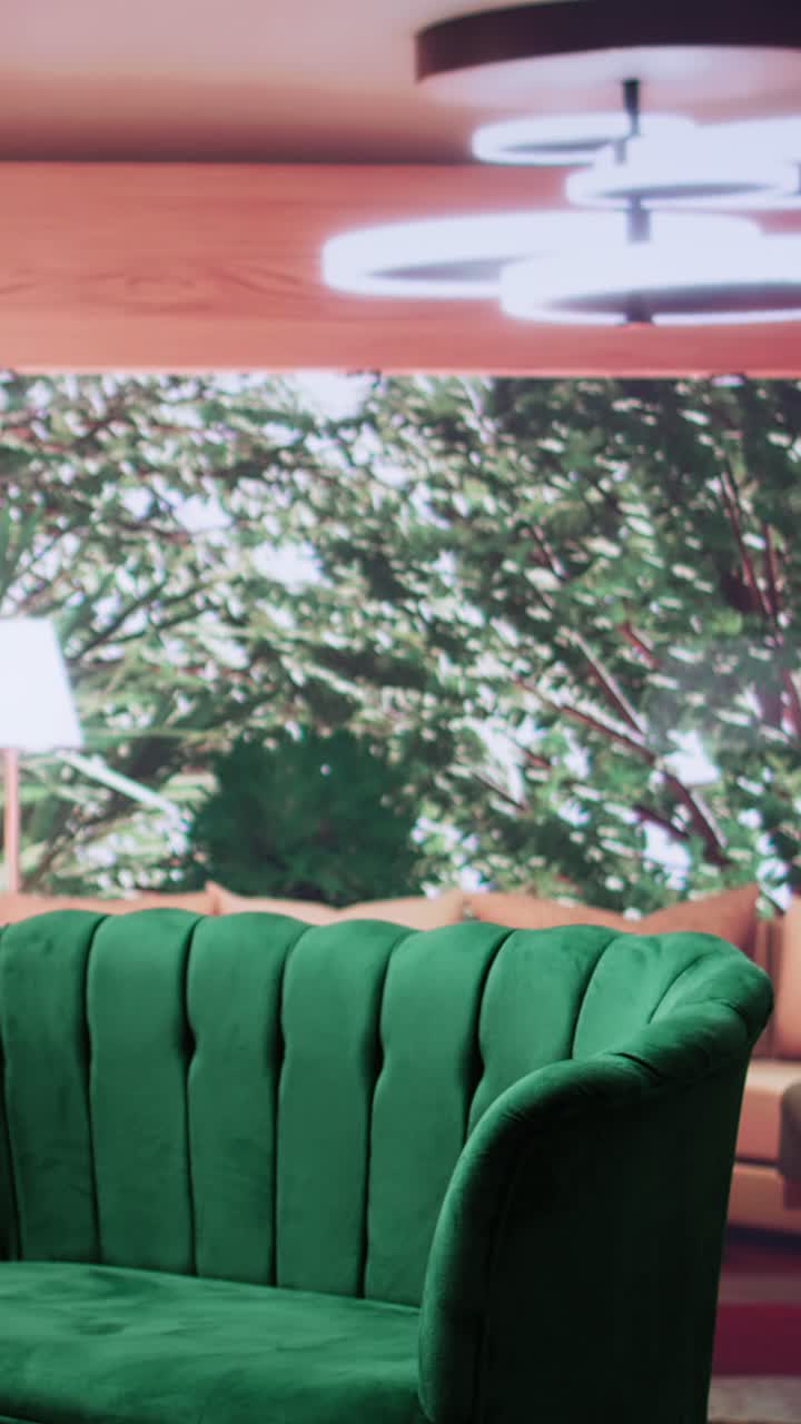 Video verticale: Interno di casa moderno e vuoto con sedie verdi e un accogliente tavolo in legno.