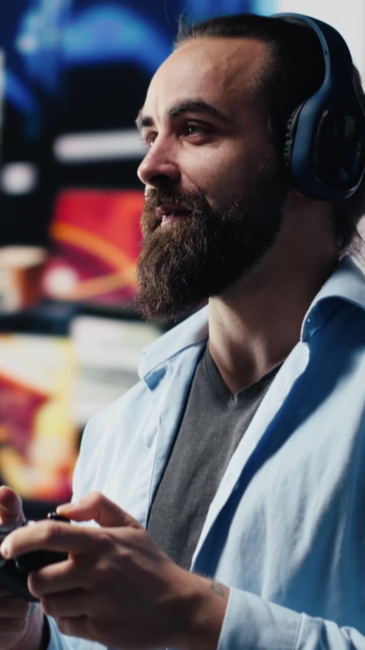 Vertical Video Casual man with headphones admire social media visuals