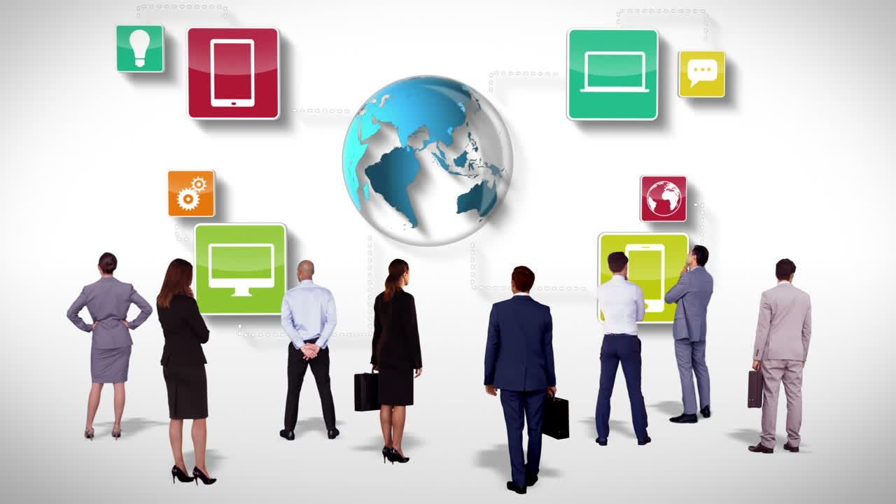 비즈니스 팀은 앱으로 지구 그래픽을 지켜보고 있습니다.