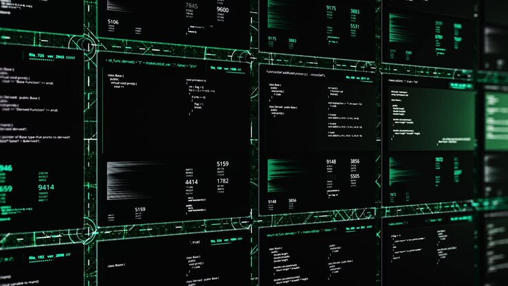 Wall of Screens Displaying Code and Data