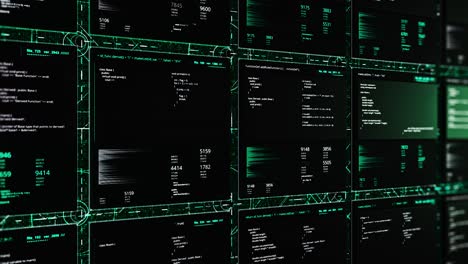 wall of screens displaying code and data
