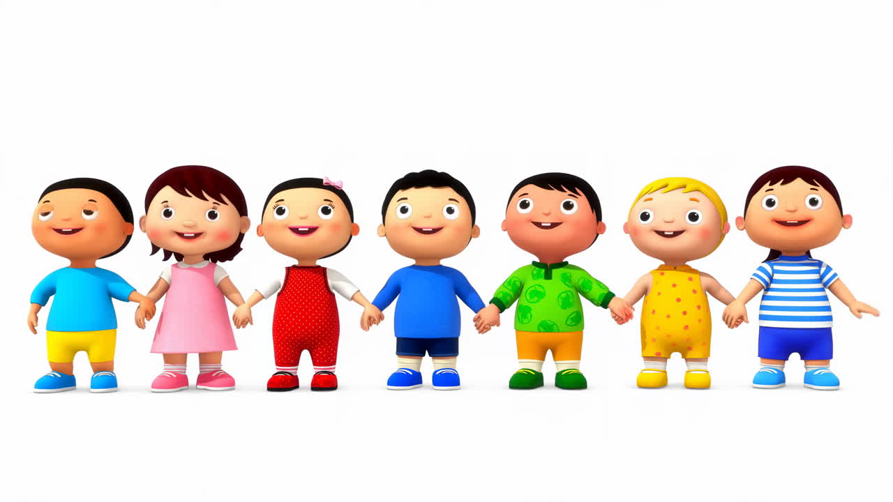 Group of Animated Children Characters Holding Hands on White Background