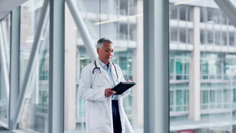 doctor, tableta y una mujer caminando en un hospital
