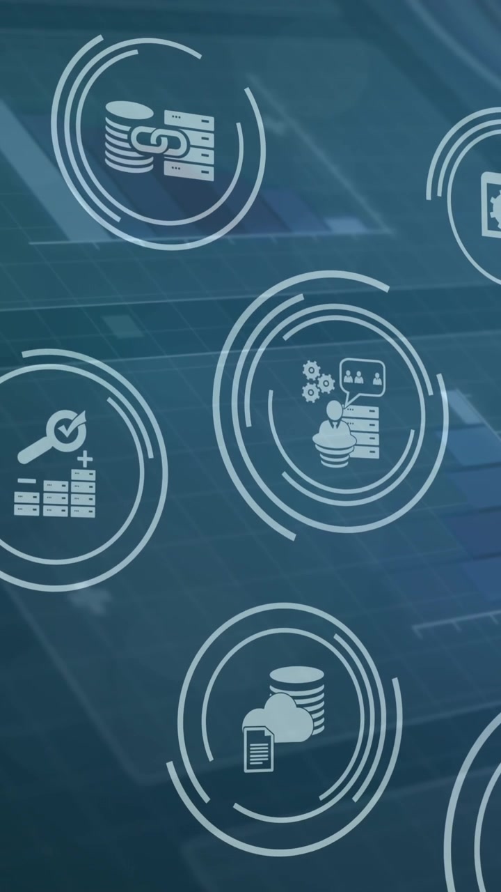 Animation of financial tool icons over digital screens with data processing