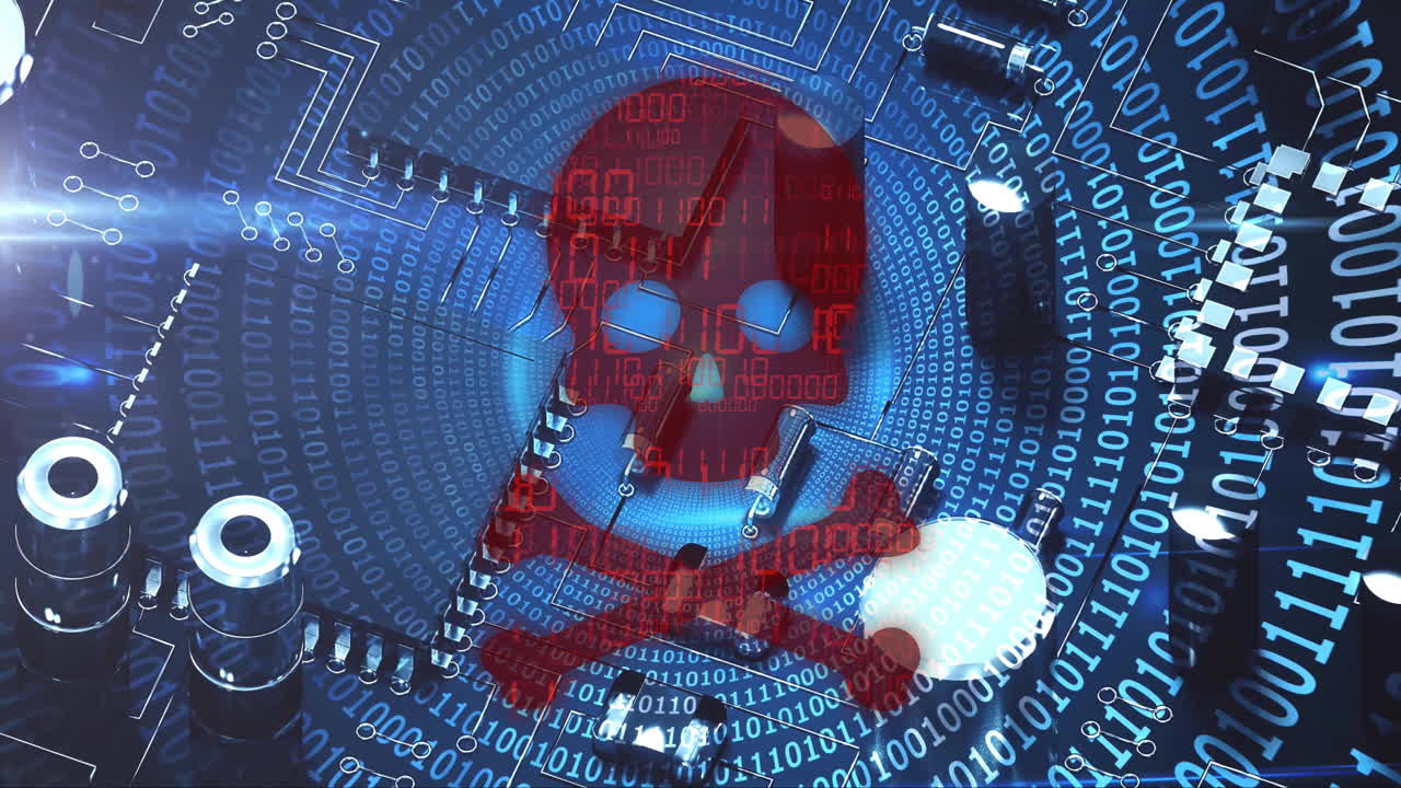 두개골과 의 애니메이션, 이진 코딩 및 컴퓨터 서버를 통해 데이터 처리