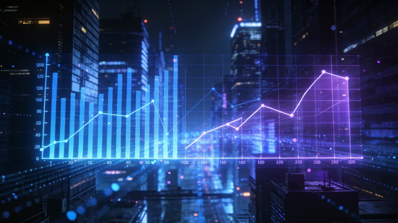 Grafici finanziari olografici che pulsano su un canyon al neon, con barre che si alzano, creando un fascio di luce che mostra un picco.