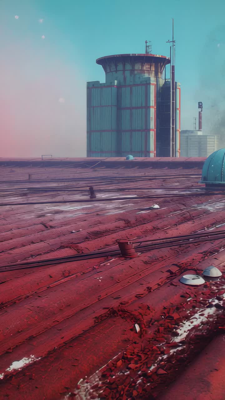Vertical video: Panning camera across corrugated roof showing cables vents stub to frame tower