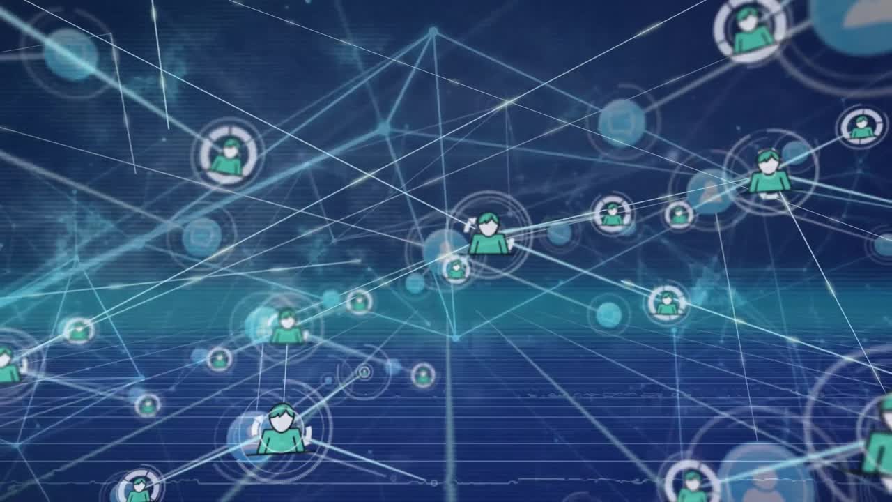 Animation of network of connections and profile icons over grid network against blue background