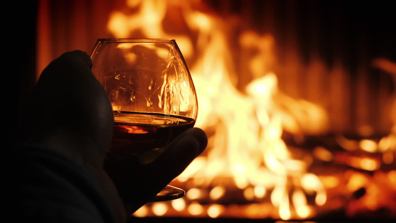 mano masculina con una copa de coñac en el fondo de la chimenea degustación en un ambiente acogedor