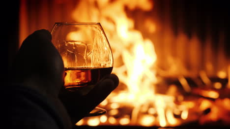 male hand with a glass of cognac on the background of the fireplace tasting in a cozy setting