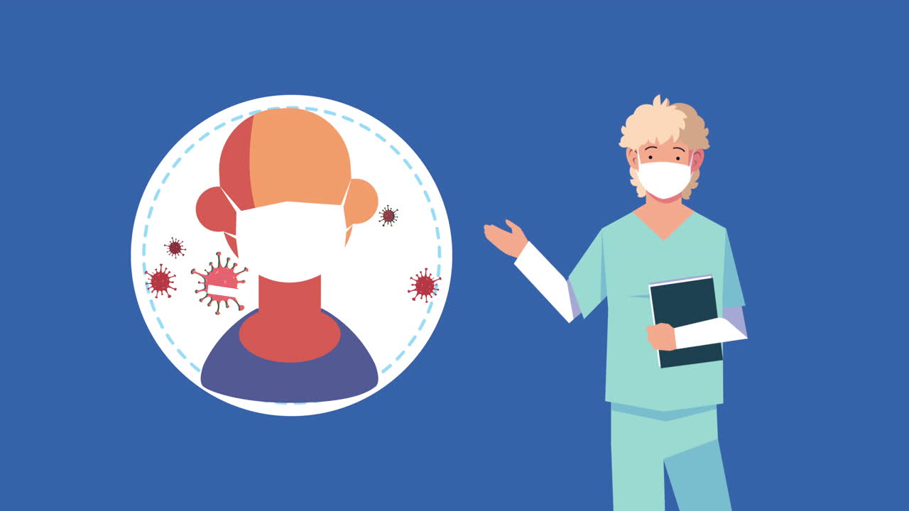 환자와 코로나19 애니메이션을 가진 전문 여성 의사