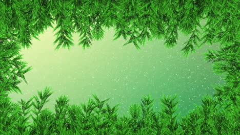 animation of snow falling over green leaves frame against green gradient background