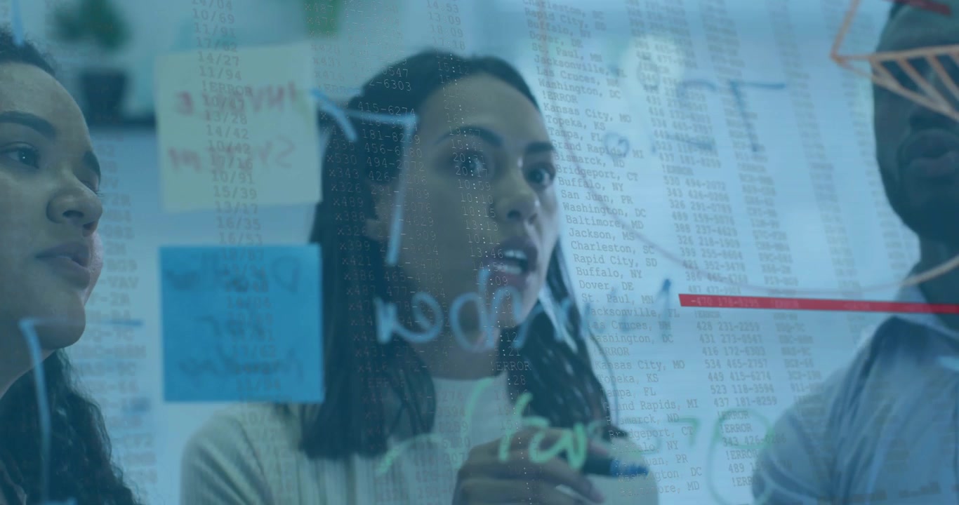 Three colleagues placing pink note, marking glass, drawing circle, adding red line for business