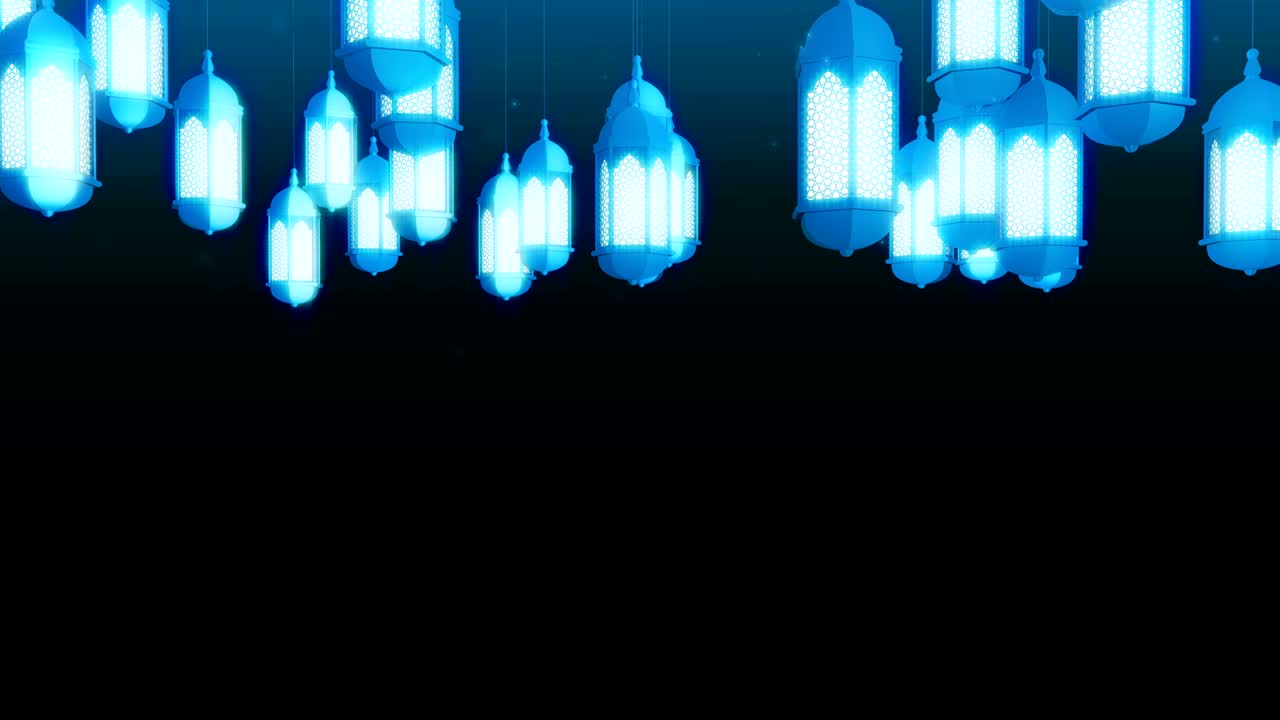 Lanterna celebrativa luminosa appesa al soffitto su sfondo scuro. Sfondo animato islamico Ramadan Kareem. Animazione 3D in loop.
