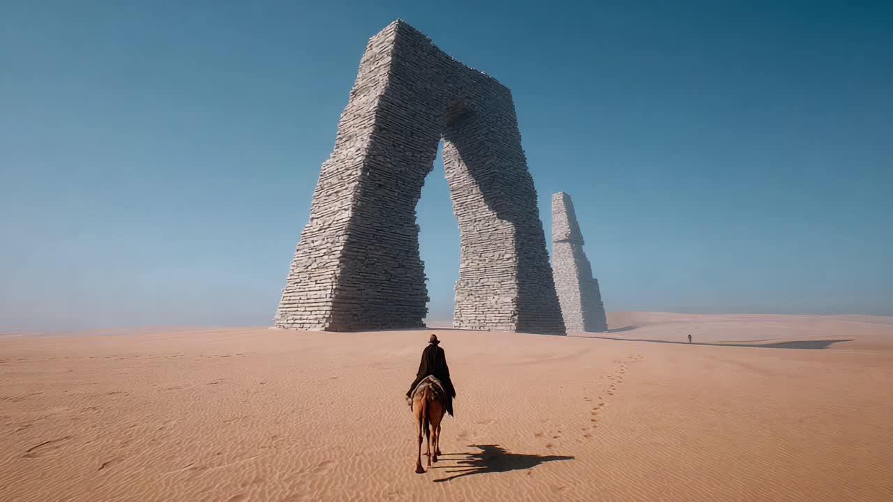 A lone traveler rides towards towering stone structures, majestic and ancient, amidst the vast desert landscape, revealing the mysteries of a forgotten civilization