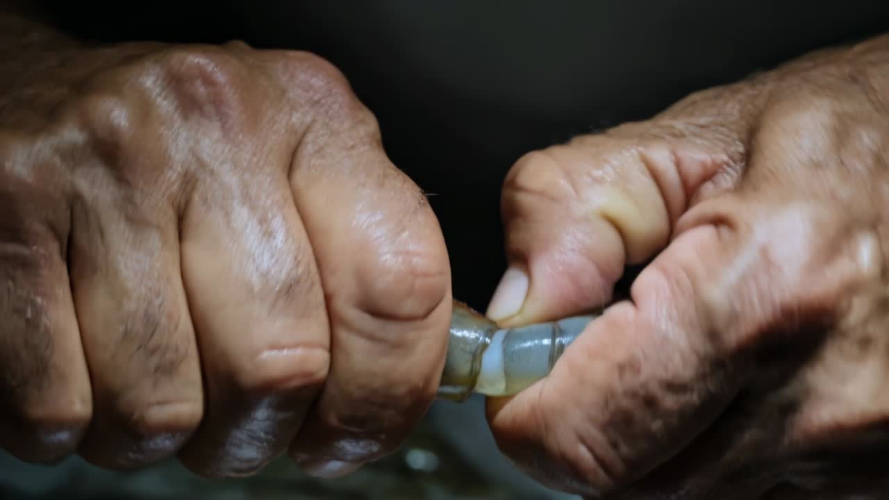 Afferrando gamberi crudi, mani che sgusciano il guscio e rimuovono il filo intestinale per cucinare su un vassoio da preparazione illuminato in cucina.