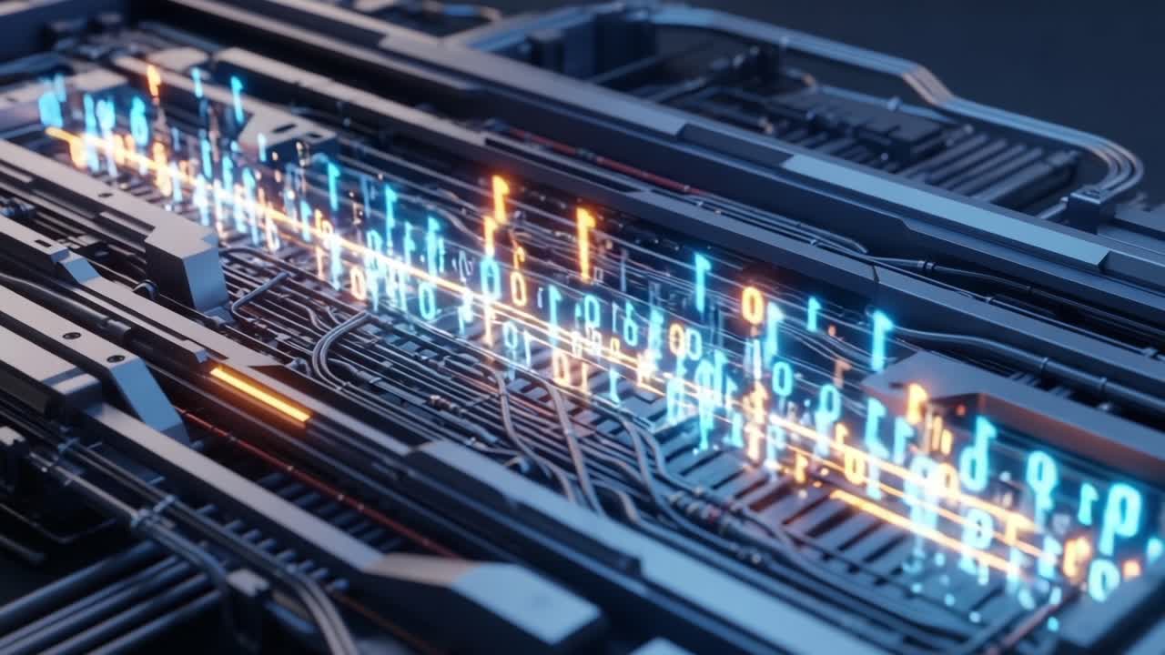 A High-Tech Digital Circuit Board Displaying Dynamic Binary Code, Reflecting Advanced Technology and Futuristic Design in a Close-Up View