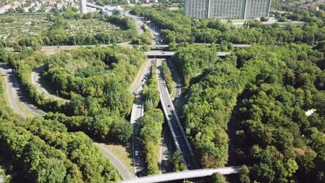 flying-towards-a-Highway-cross-in-Frankfurt-am-Main,-Germany,-tilting-camera-down