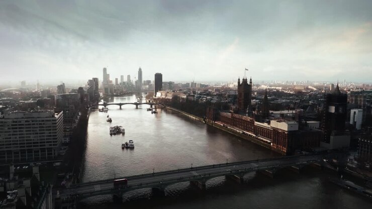 Panoramic Aerial View of London Cityscape and River Thames