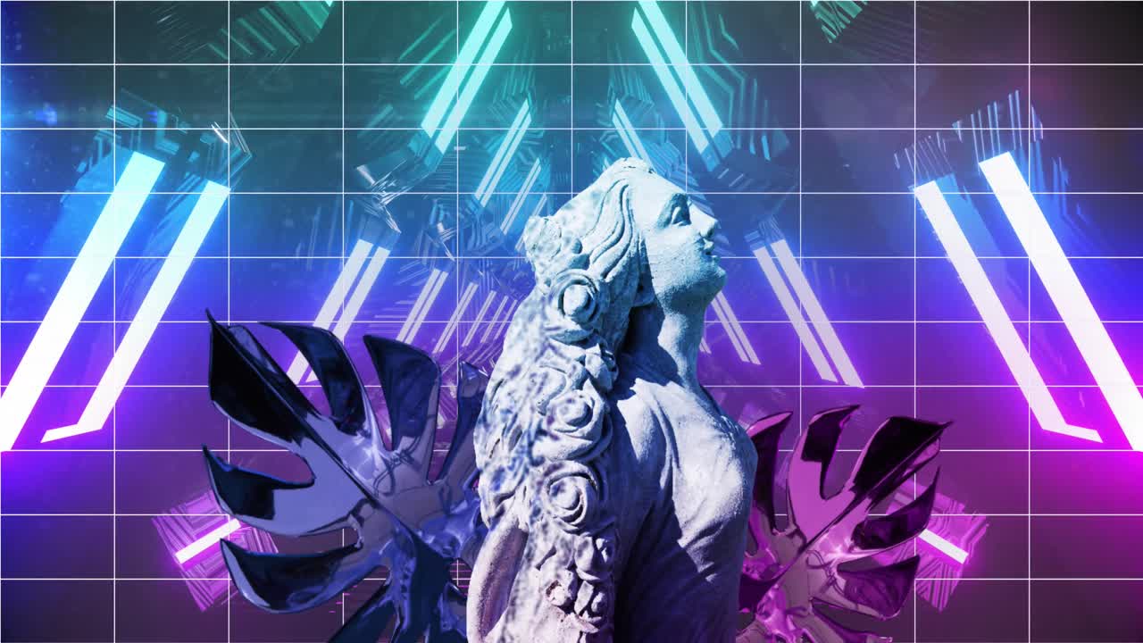 검은색 바탕에 네온 터널 위에 간섭을 가진 조각의 애니메이션