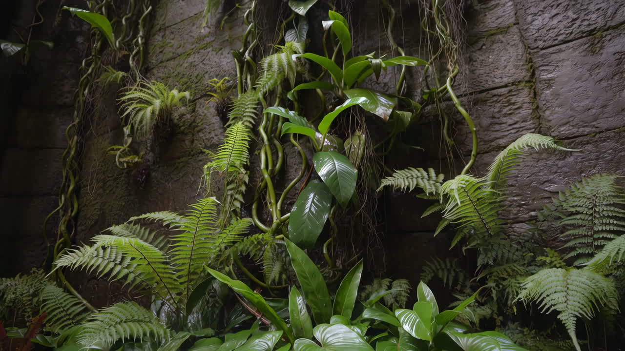 Lush Green Ferns and Vines Growing on a Stone Wall