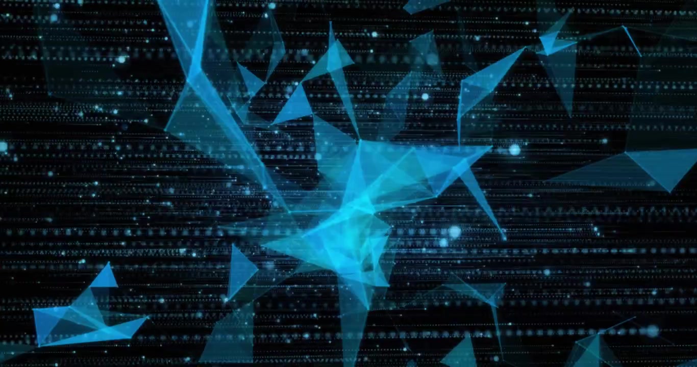 Animation of dots connected and forming geometric shapes and flying over black background