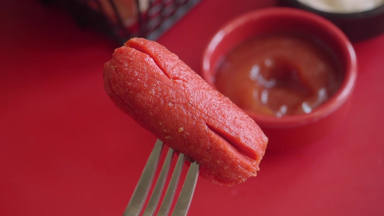 Salsiccia fritta su una forchetta con salsa d'accompagnamento