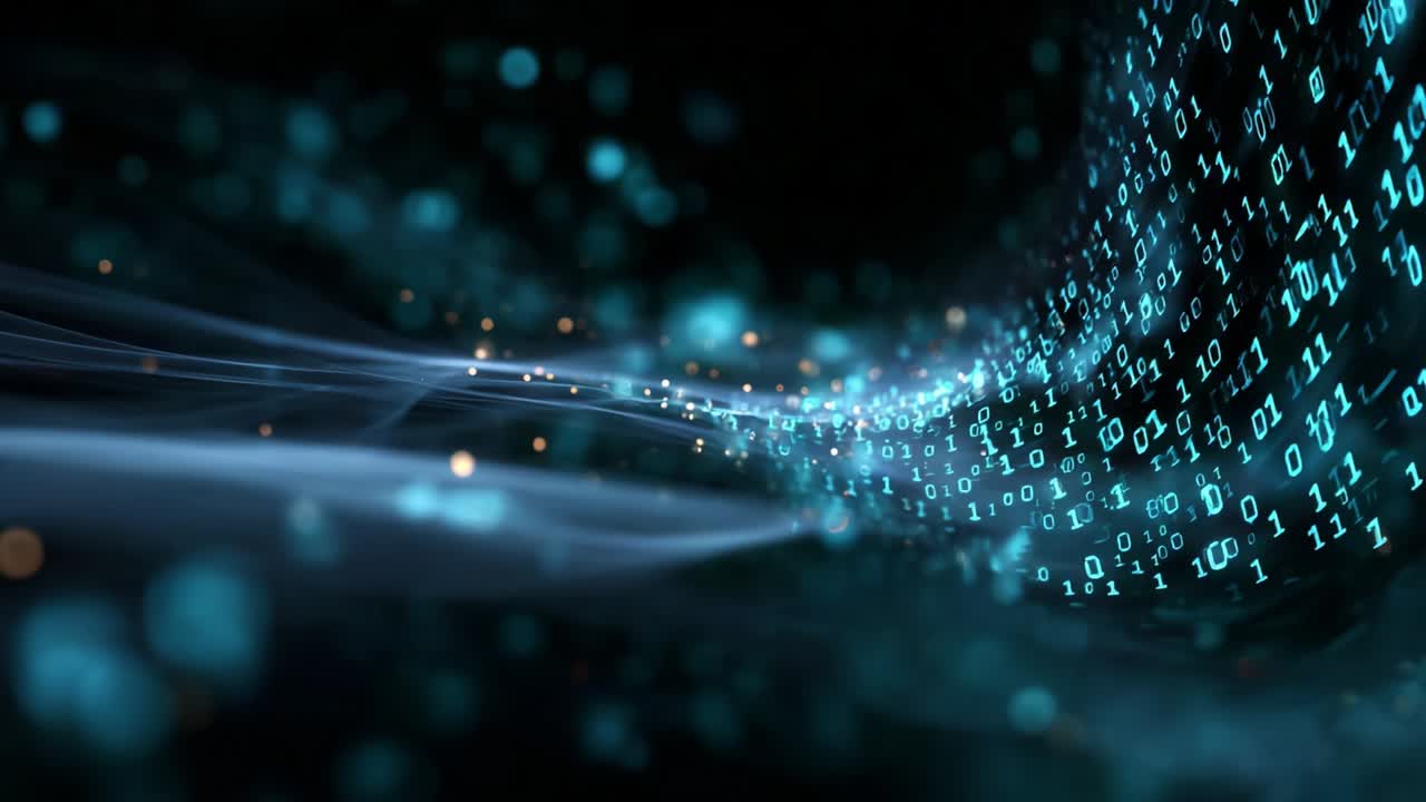 A Stunning Visual Representation of Data Flow in a Digital Universe: This Animation Displays the Dynamic Interaction of Binary Code in a Mesmerizing Stream of Light and Information