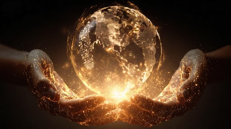 Mãos humanas feitas de partículas luminosas segurando uma Terra digital brilhante e giratória, simbolizando a conexão global, a tecnologia e o futuro do nosso planeta interconectado em um plano de fundo preto