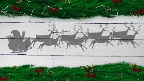 Digital-animation-of-snow-falling-over-silhouette-of-santa-claus-in-sleigh-being-pulled-by-reindeers