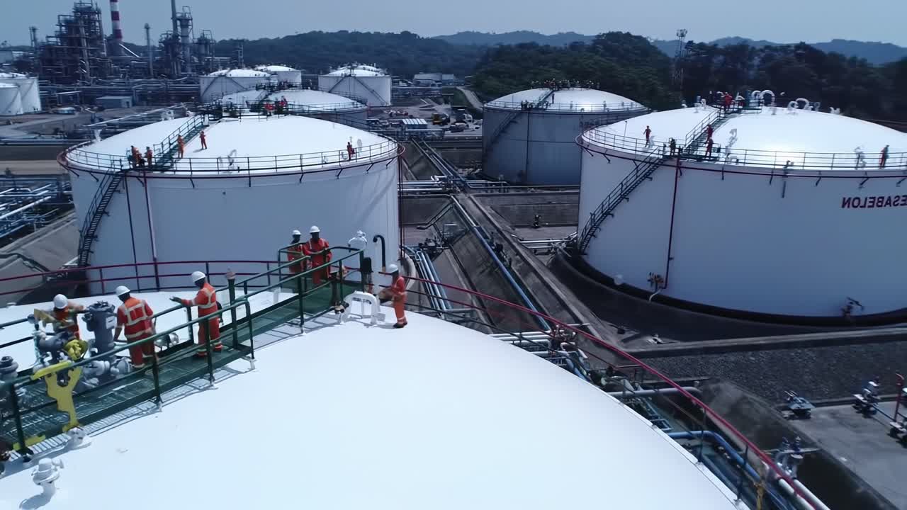 Workers Conducting Maintenance at Fuel Storage Facility in Sunny Afternoon