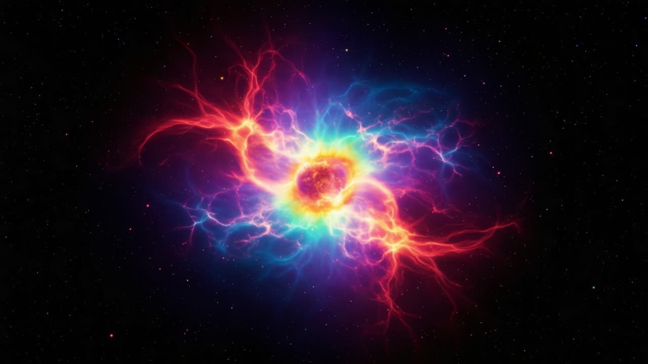 A Captivating Cosmic Display: Vibrant Energy Pulsates in a Colorful Nebula, Showcasing Ethereal Colors and Dynamic Patterns Against a Starry Background