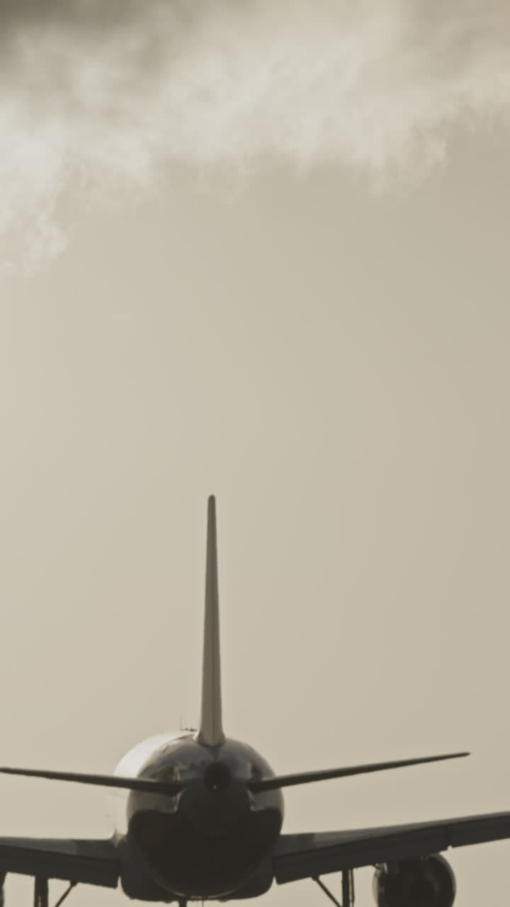 수직으로 보이는 석양 아래 매우 느린 화면으로 공항에 착륙하기 위해 머리 위로 날아가는 비행기