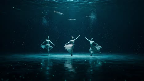 ethereal dance underwater: graceful performers enveloped by a dreamlike aquatic atmosphere with glimmering particles and swimming fish
