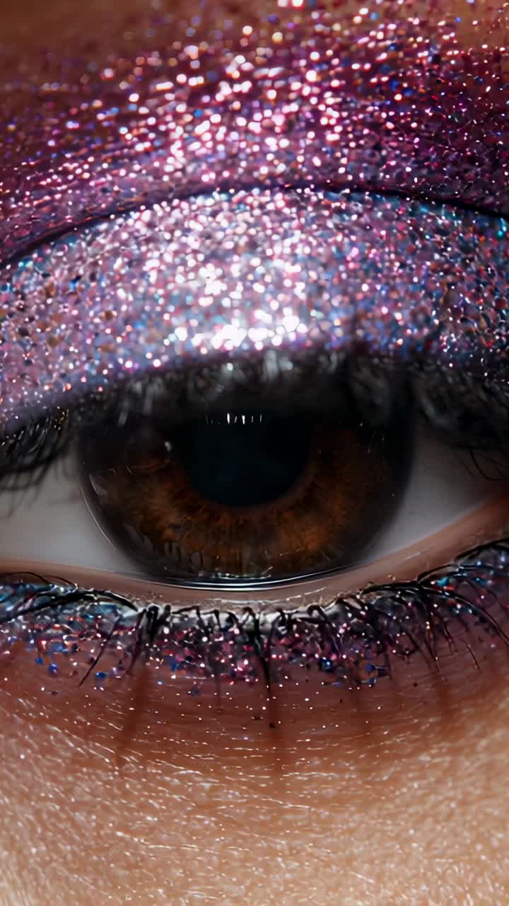 Vertical video: Blinking right eye reacting to moving bright light at vanity, showing glitter lid