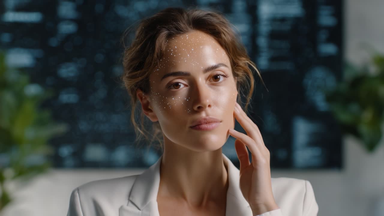 A Serene Beauty Moment: Capturing the Transformation of a Woman's Face Enhanced with Sparkling Elements in a Sophisticated Setting