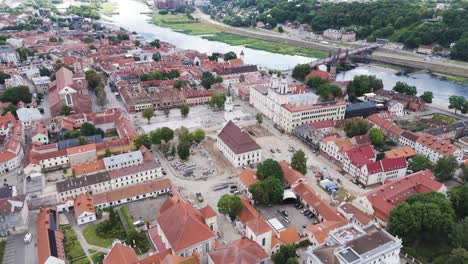 Beautiful old town of Kaunas city, aerial orbit view