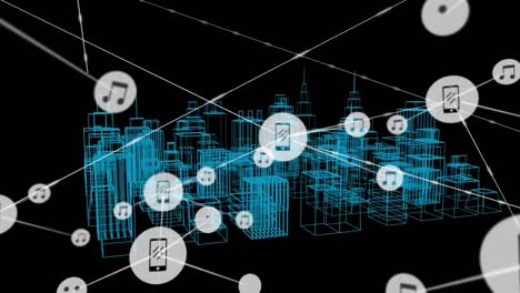 animation of network of connections with icons over 3d cityscape drawing on black background