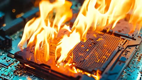 una placa base de computadora en llamas