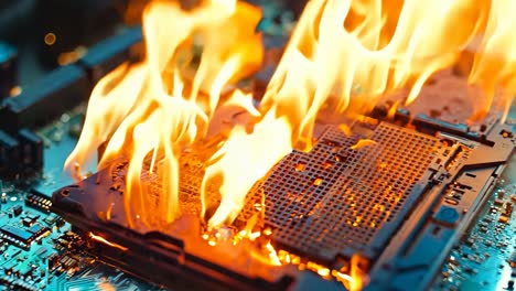 a computer motherboard on fire