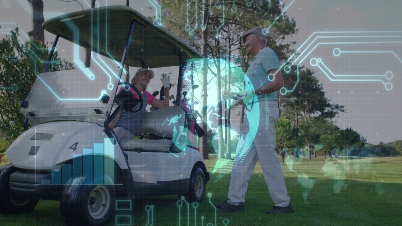 Couple sitting inside golf cart and standing on fairway, showing tech AR circuit and map graphics