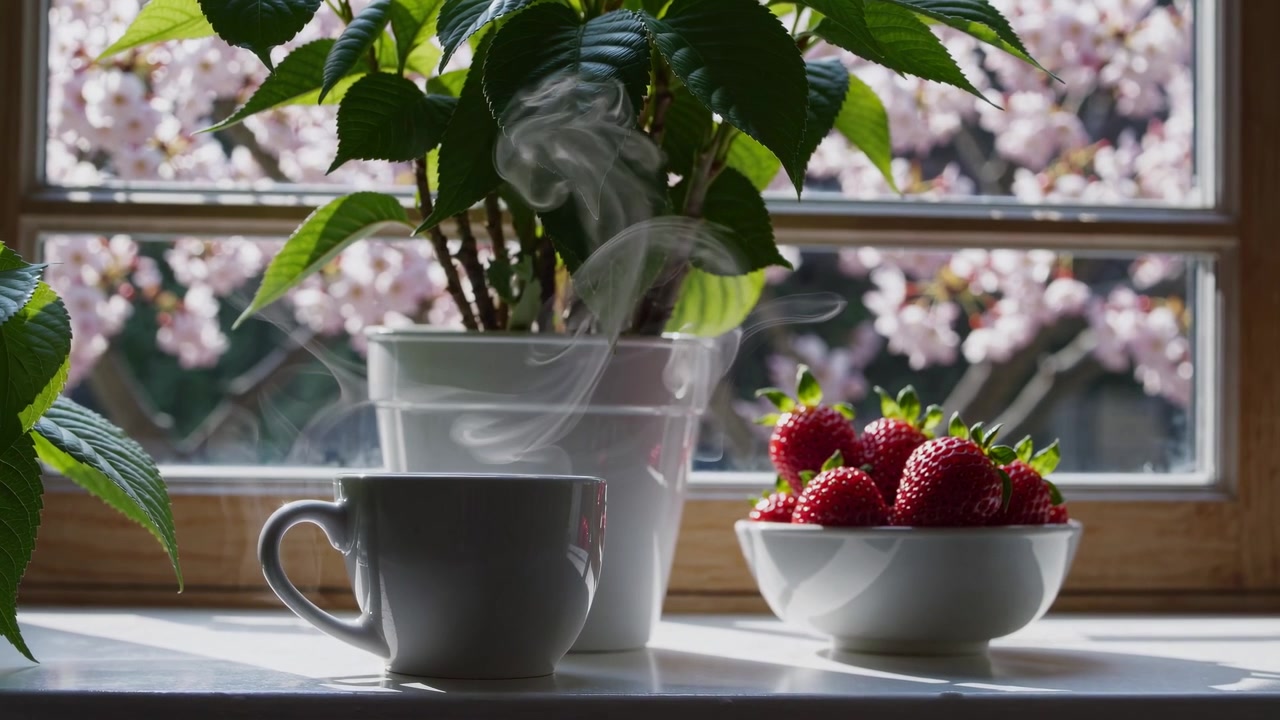 Dampende kopp kaffe og friske jordbær ved et vindu