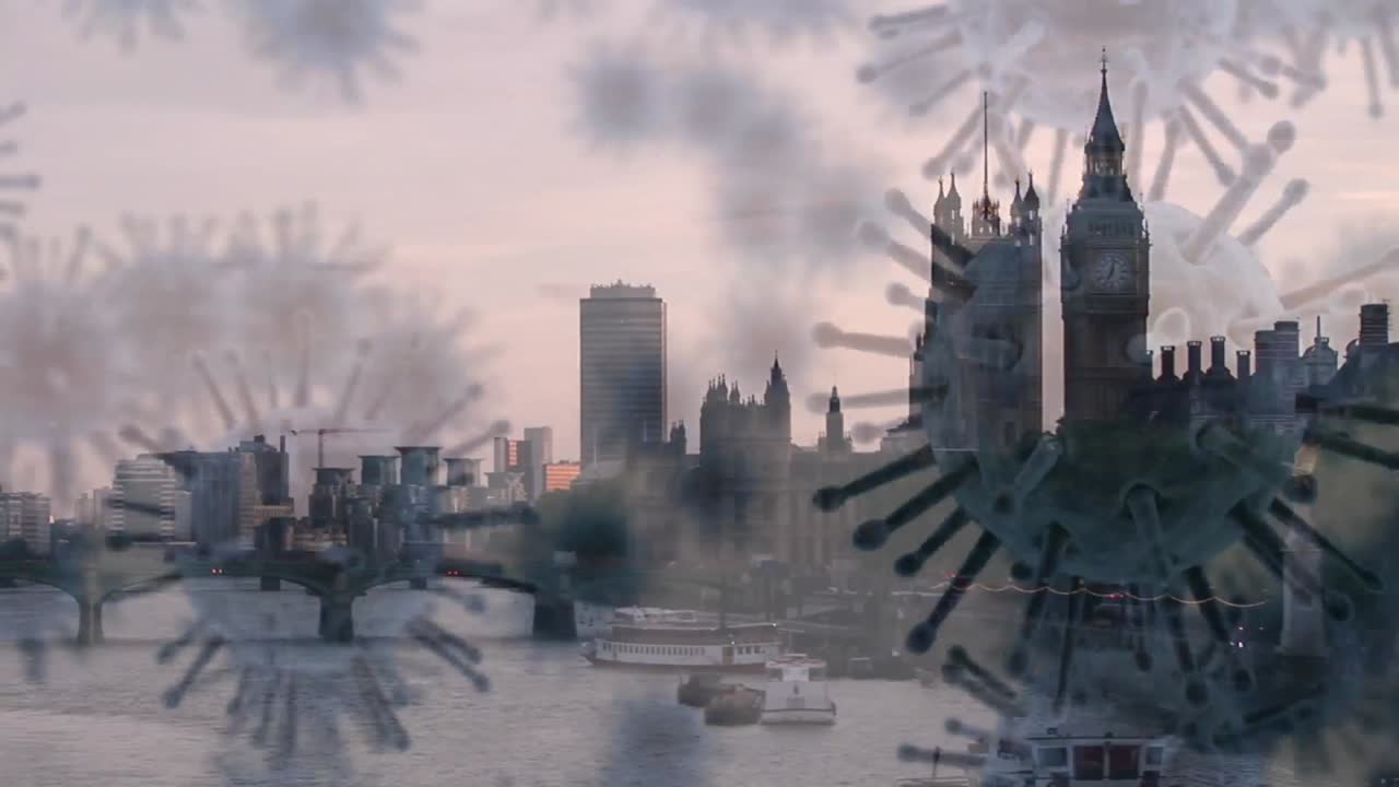 맥로 코로나 바이러스가 도시 풍경을 배경으로 퍼지고 있습니다.