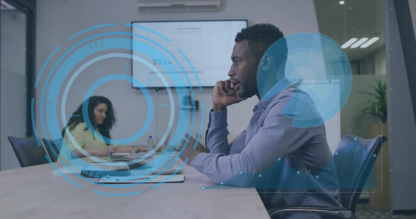 Animation of data processing with scope scanning over diverse business people