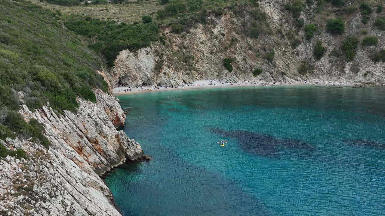 Kayak On The Ocean, Gjipe Beach In Albania - Aerial Drone Shot