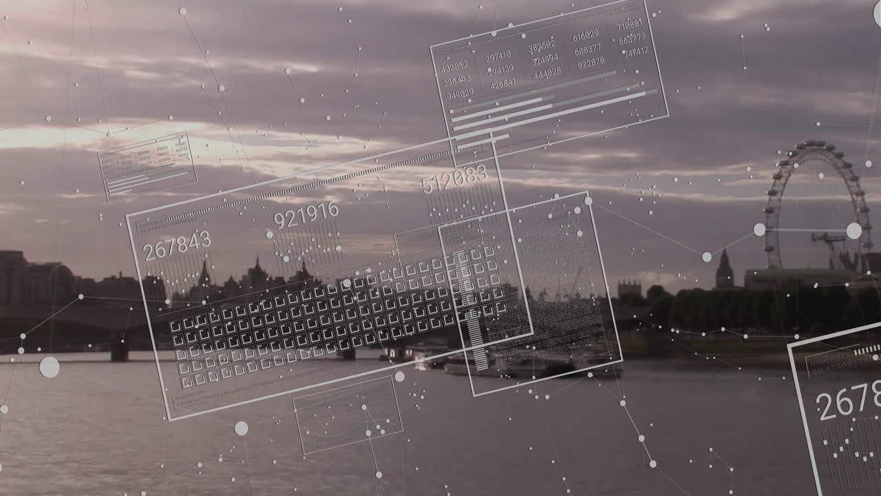 Digital data and coding animation over cityscape with river and Ferris wheel