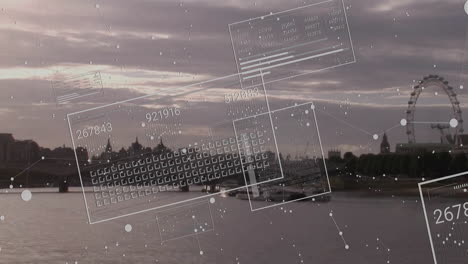 digital data and coding animation over cityscape with river and ferris wheel
