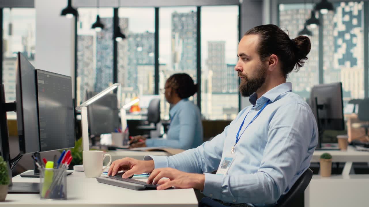 Day trader analyzes stock market trends and price candlestick charts in office