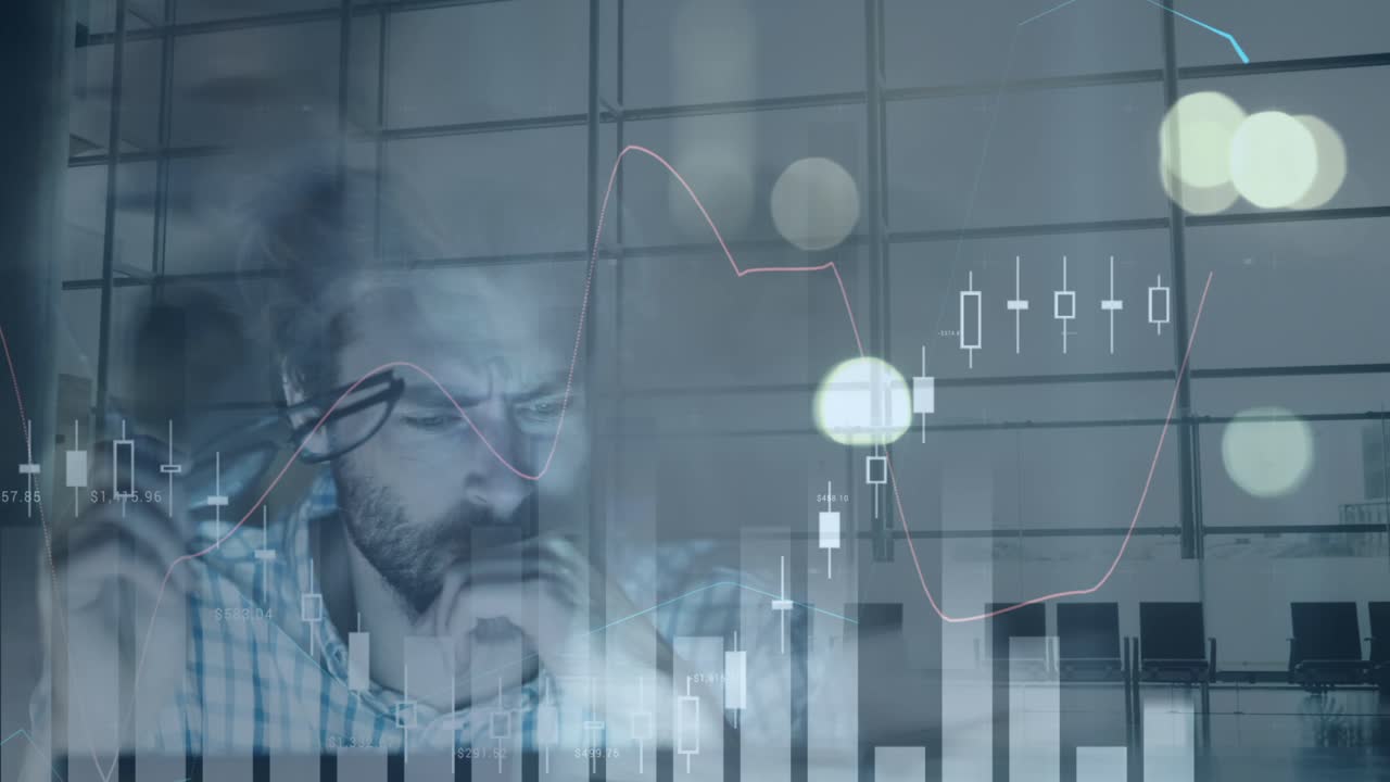 Animation of financial data processing over caucasian businessmen